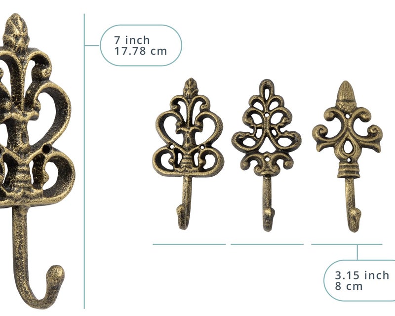 Comfify Shabby Chic Decorative Wall Hooks - Set of 3 - Cast Iron French Country Wall Decor - Farmhouse Hangers for Coats, Purses and More - Gold with Black - Image 3